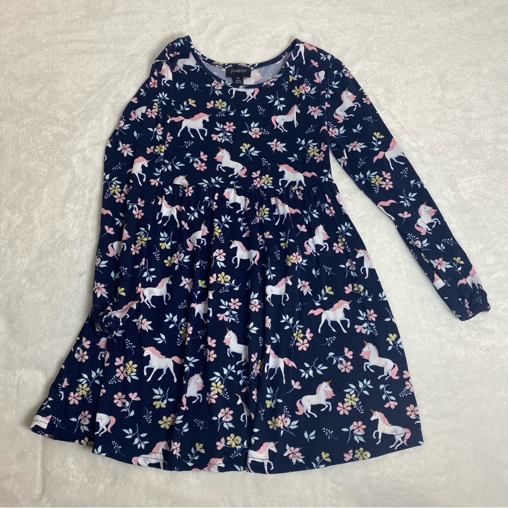Picapino Navy Blue Unicorn Print Kids Dress Size 6X